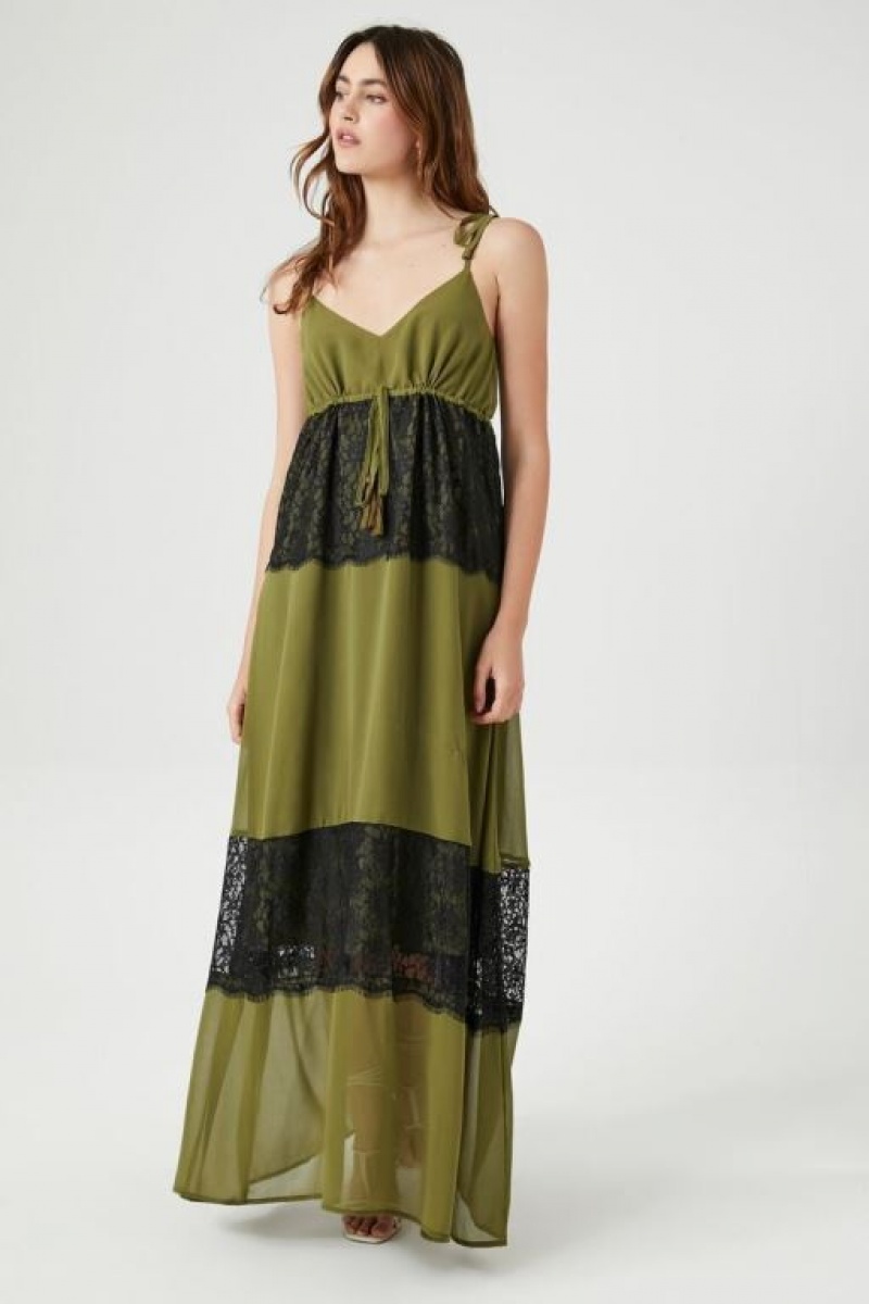 Vestido Forever 21 Chiffon Lace Trim Maxi Mujer Verde Oliva Negras | TztuBigBcGq