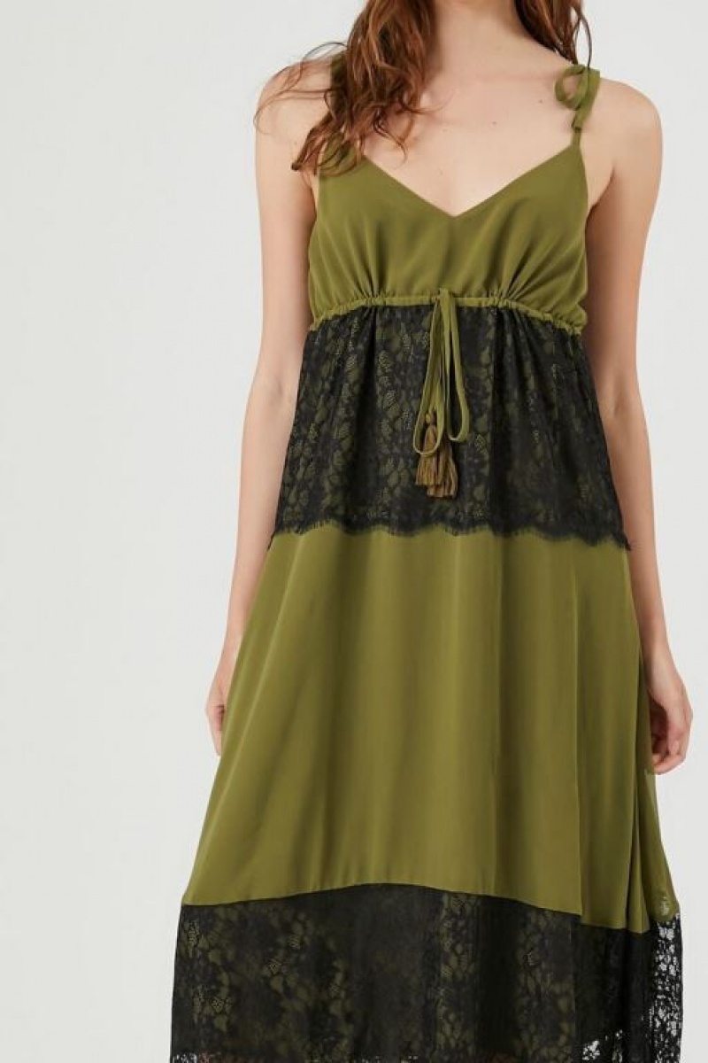 Vestido Forever 21 Chiffon Lace Trim Maxi Mujer Verde Oliva Negras | TztuBigBcGq