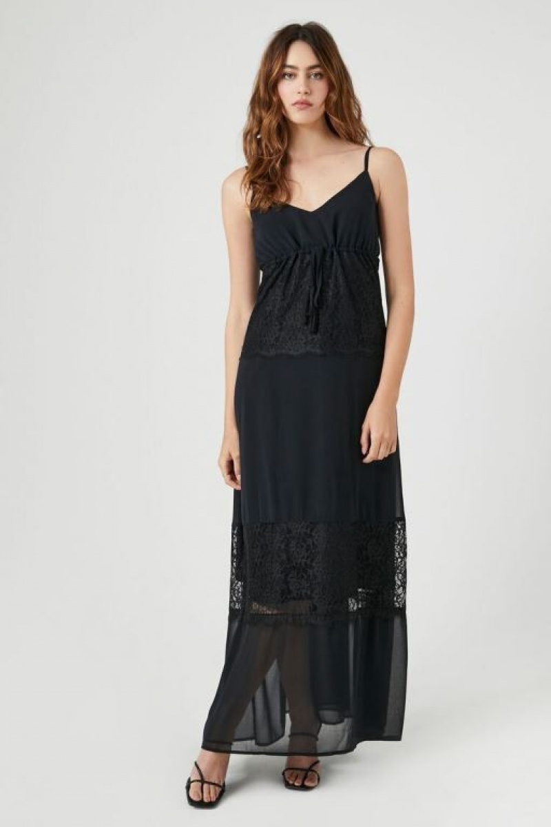 Vestido Forever 21 Chiffon Lace Trim Maxi Mujer Negras Negras | XII7c75X27Q