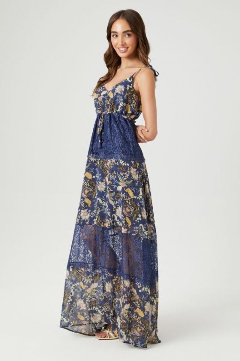 Vestido Forever 21 Chiffon Ornate Print Maxi Mujer Azules Multicolor | xMKnTtA8q1L