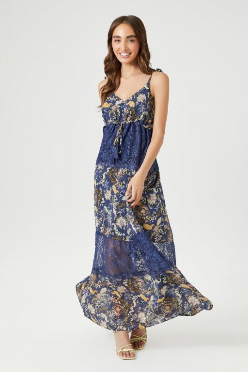 Vestido Forever 21 Chiffon Ornate Print Maxi Mujer Azules Multicolor | xMKnTtA8q1L