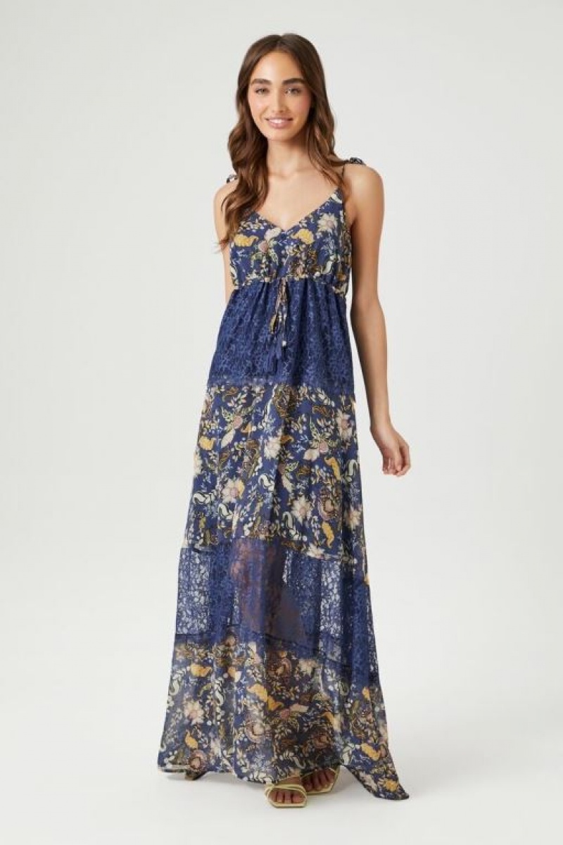 Vestido Forever 21 Chiffon Ornate Print Maxi Mujer Azules Multicolor | xMKnTtA8q1L