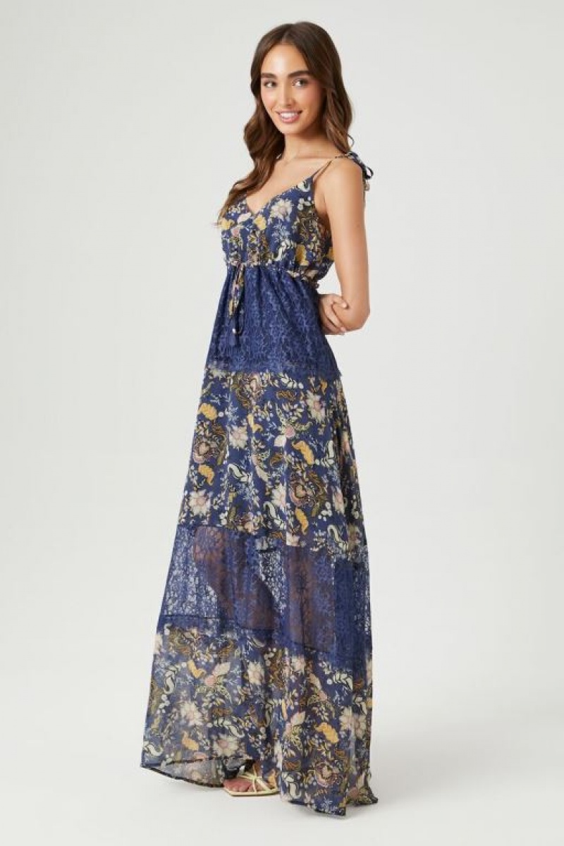 Vestido Forever 21 Chiffon Ornate Print Maxi Mujer Azules Multicolor | 1B7TsPw73PX