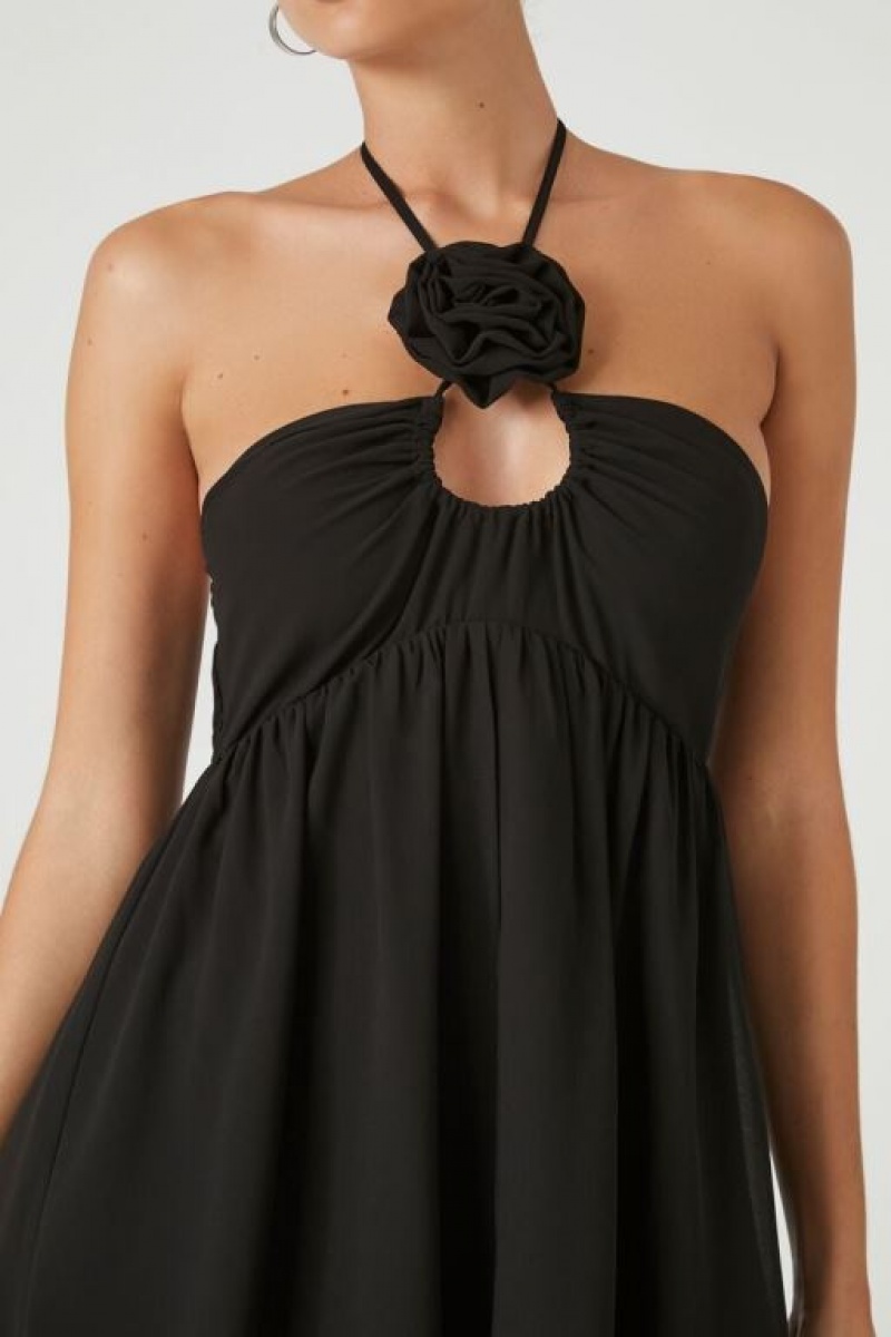 Vestido Forever 21 Chiffon Rosette Halter Mini Mujer Negras | FOC56beDByY