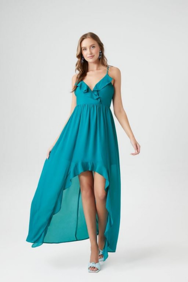 Vestido Forever 21 Chiffon Ruffle High Low Mujer Turquesa | pgYqCnWSab8