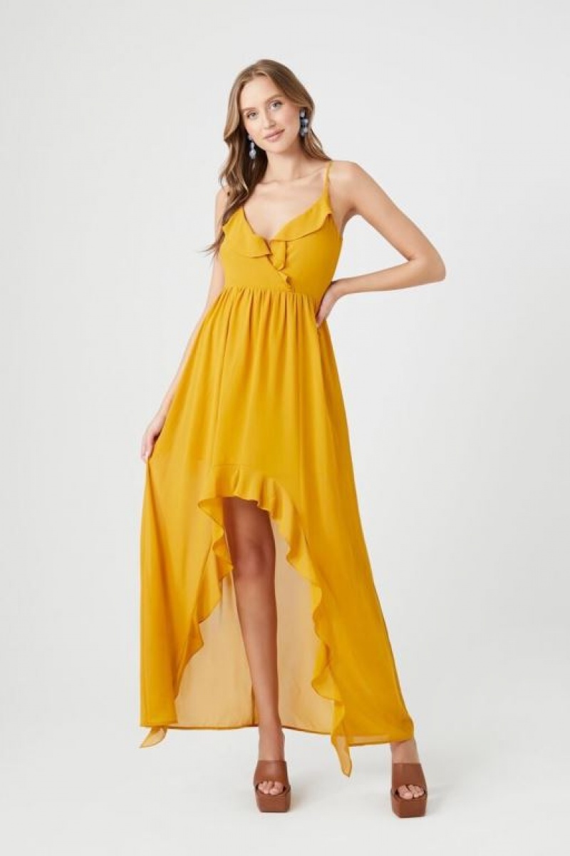 Vestido Forever 21 Chiffon Ruffle High Low Mujer Doradas | B06YjR6GpWz