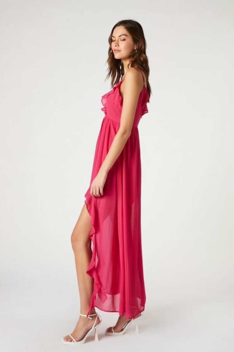 Vestido Forever 21 Chiffon Ruffle High Low Mujer Magenta | HHpb786C4TC