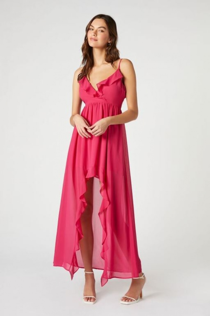 Vestido Forever 21 Chiffon Ruffle High Low Mujer Magenta | HHpb786C4TC