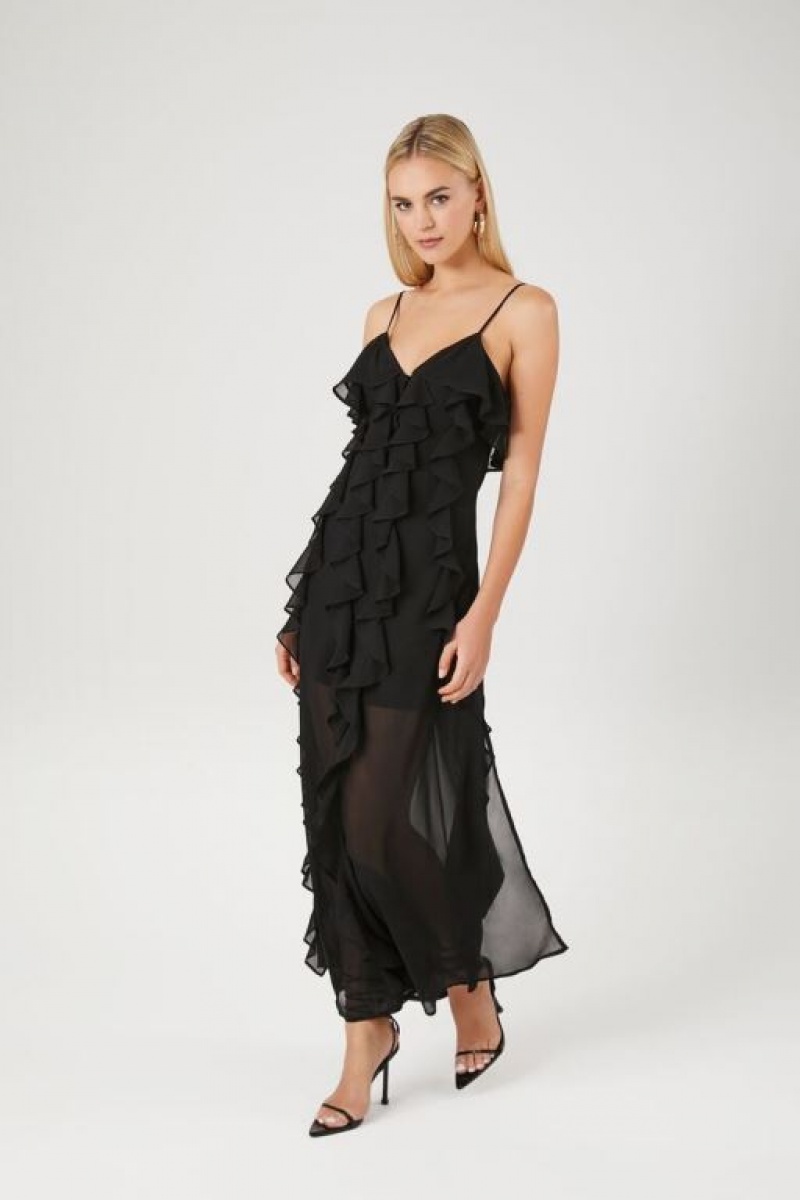 Vestido Forever 21 Chiffon Ruffle Maxi Mujer Negras | NrvGD0pVrKg