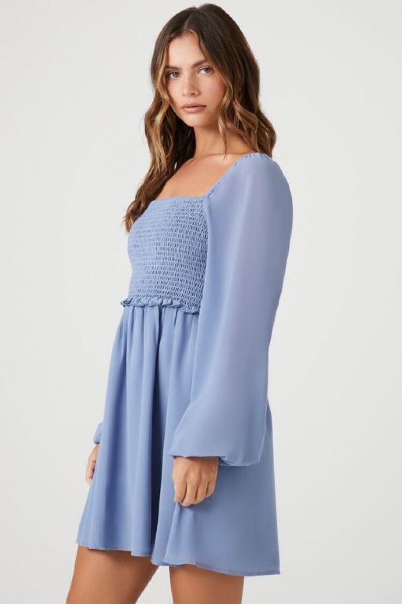 Vestido Forever 21 Chiffon Smocked Peasant Sleeve Mini Mujer Azules Claro | Izmk7WkrZOD