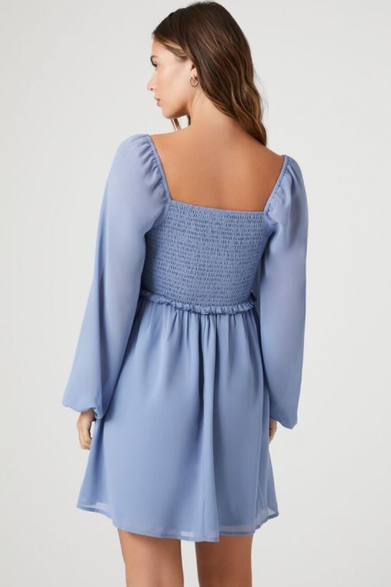 Vestido Forever 21 Chiffon Smocked Peasant Sleeve Mini Mujer Azules Claro | Izmk7WkrZOD