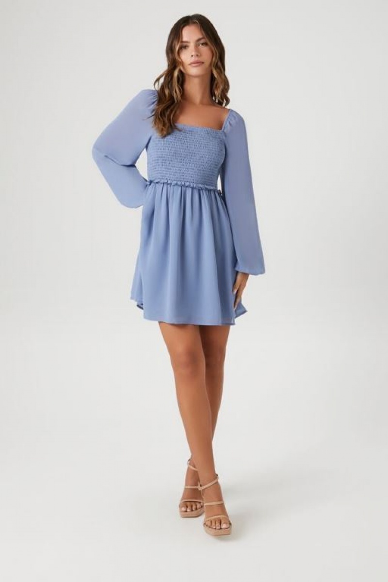 Vestido Forever 21 Chiffon Smocked Peasant Sleeve Mini Mujer Azules Claro | Izmk7WkrZOD