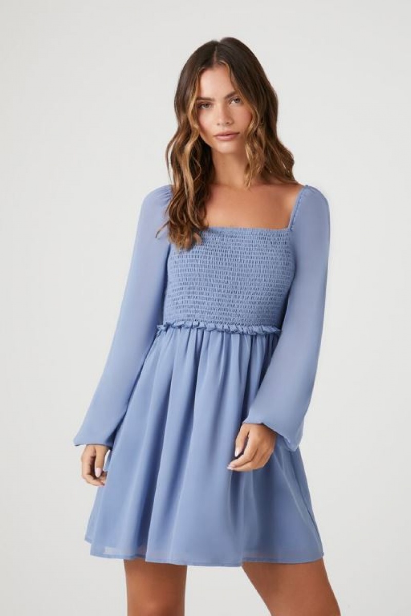 Vestido Forever 21 Chiffon Smocked Peasant Sleeve Mini Mujer Azules Claro | Izmk7WkrZOD