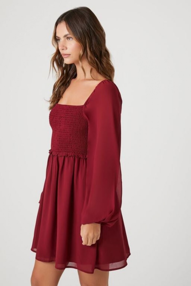 Vestido Forever 21 Chiffon Smocked Peasant Sleeve Mini Mujer Burdeos | vA0hJ0C19LE