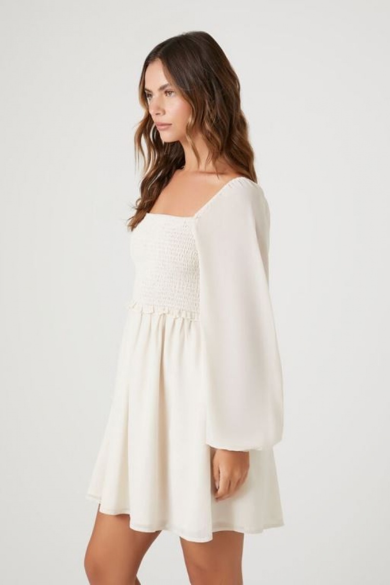 Vestido Forever 21 Chiffon Smocked Peasant Sleeve Mini Mujer Blancas | T3qRB4Yamyw