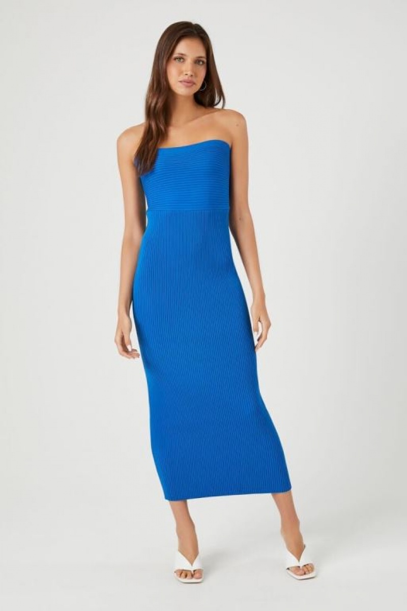 Vestido Forever 21 Compact Acanalado Knit Midi Tube Mujer Azules Oscuro | Mjp3ch2zQHg