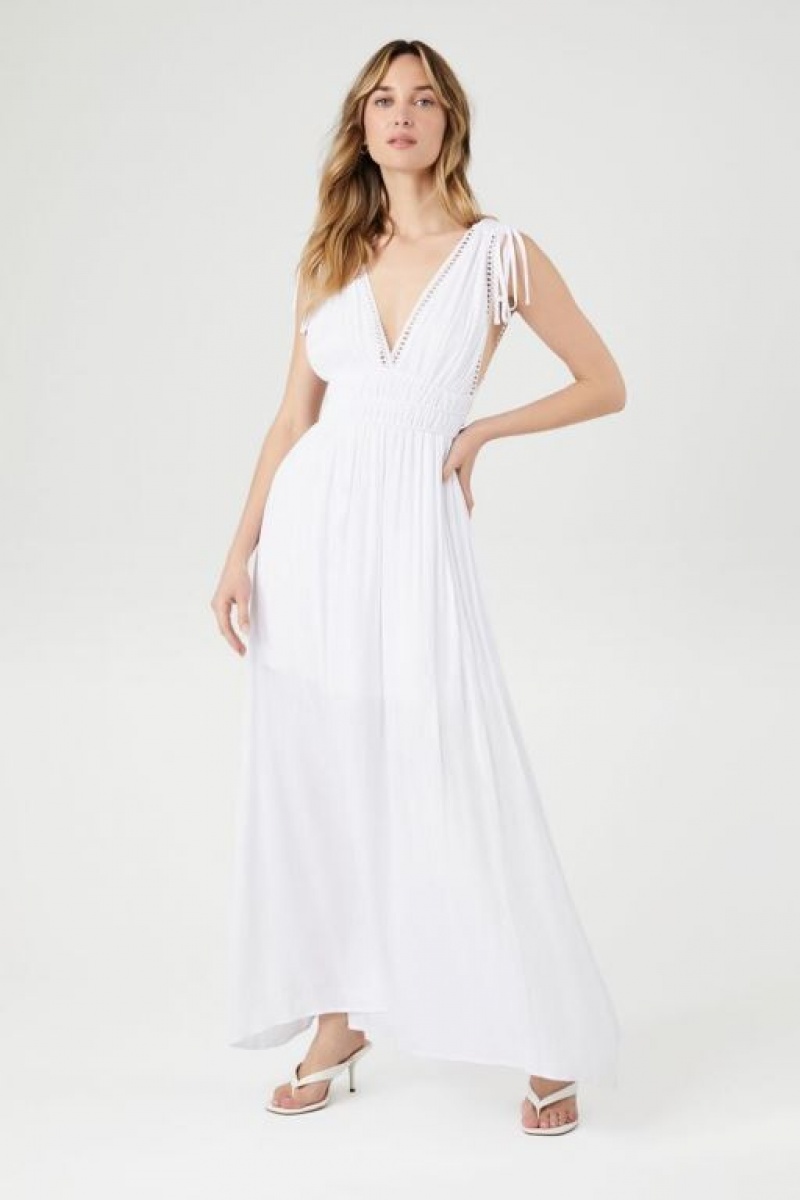 Vestido Forever 21 Crepe Caged V Neck Maxi Mujer Blancas | M7TyVtlrJdo