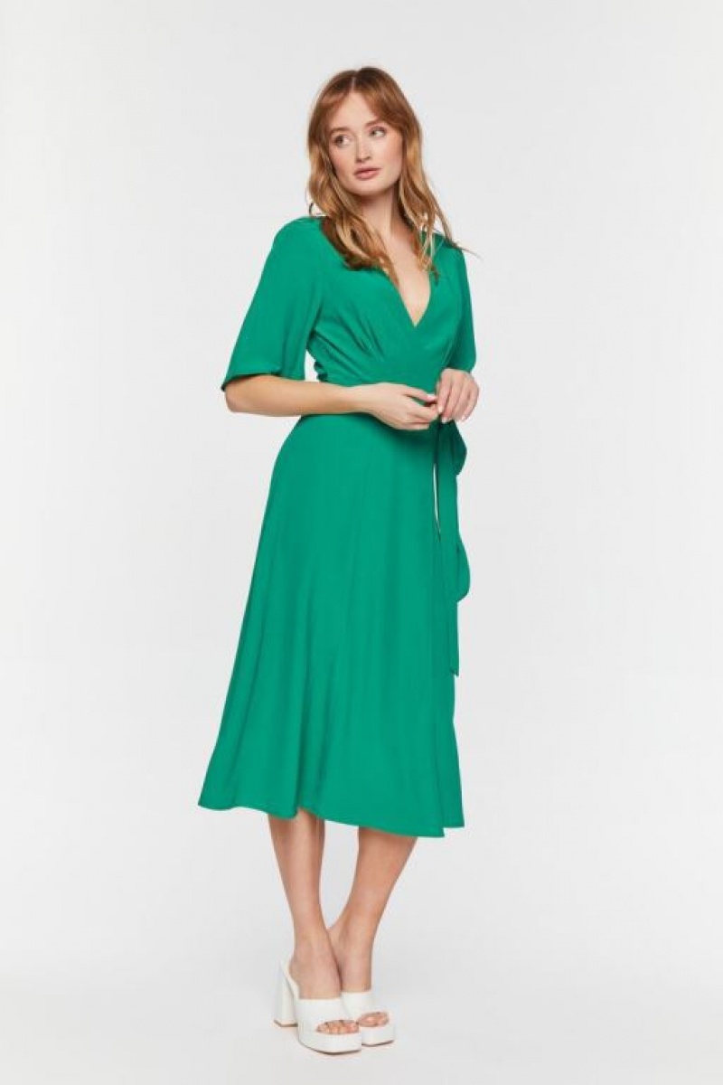 Vestido Forever 21 Crepe Midi Wrap Mujer Verde | IBMqwLqSOKR