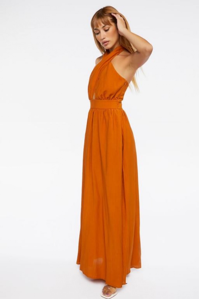 Vestido Forever 21 Crisscross Maxi Halter Mujer Praline | xo0FP11Dqjp