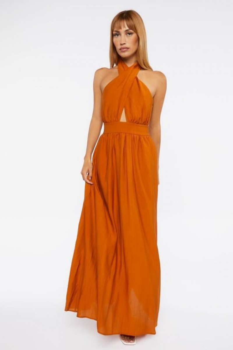 Vestido Forever 21 Crisscross Maxi Halter Mujer Praline | xo0FP11Dqjp