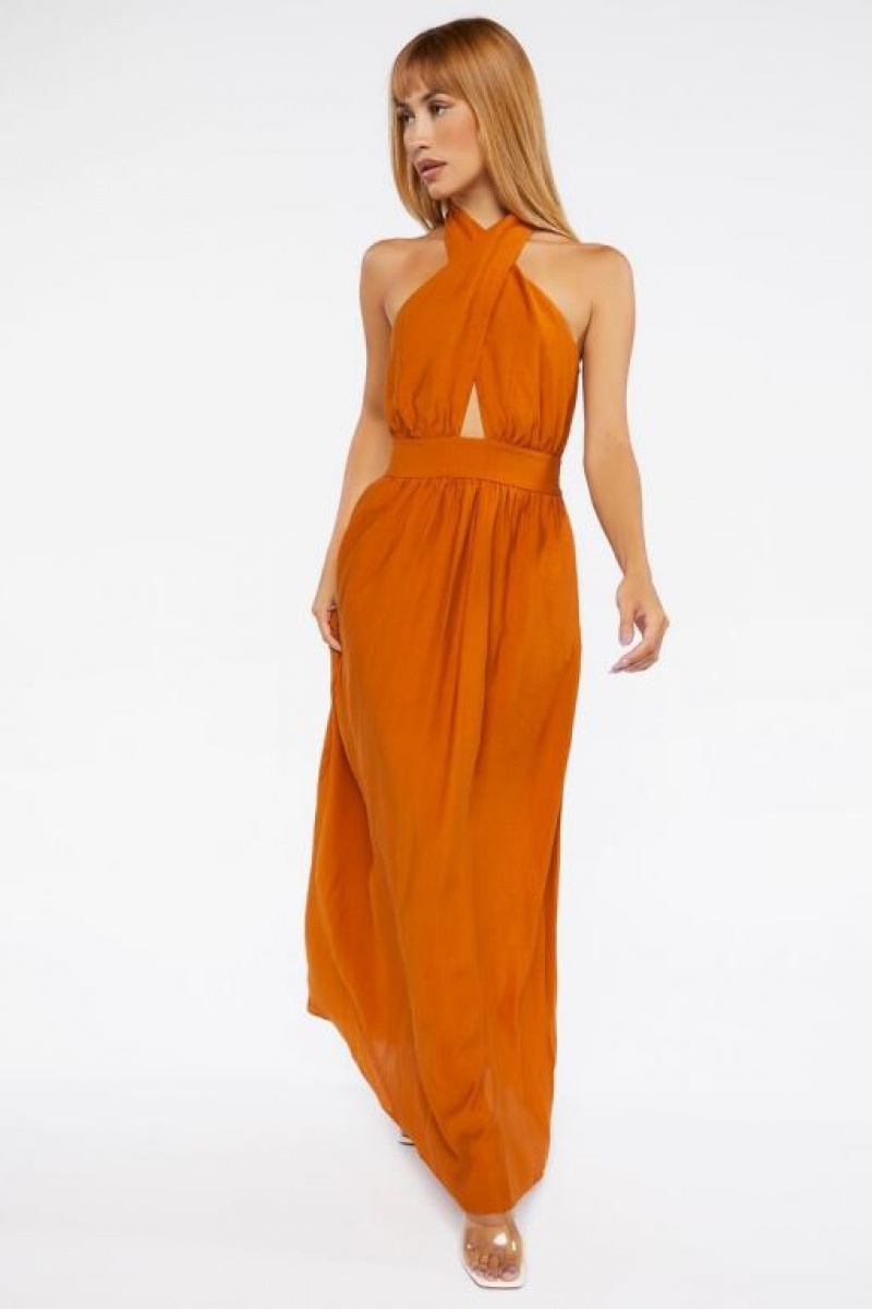 Vestido Forever 21 Crisscross Maxi Halter Mujer Praline | xo0FP11Dqjp