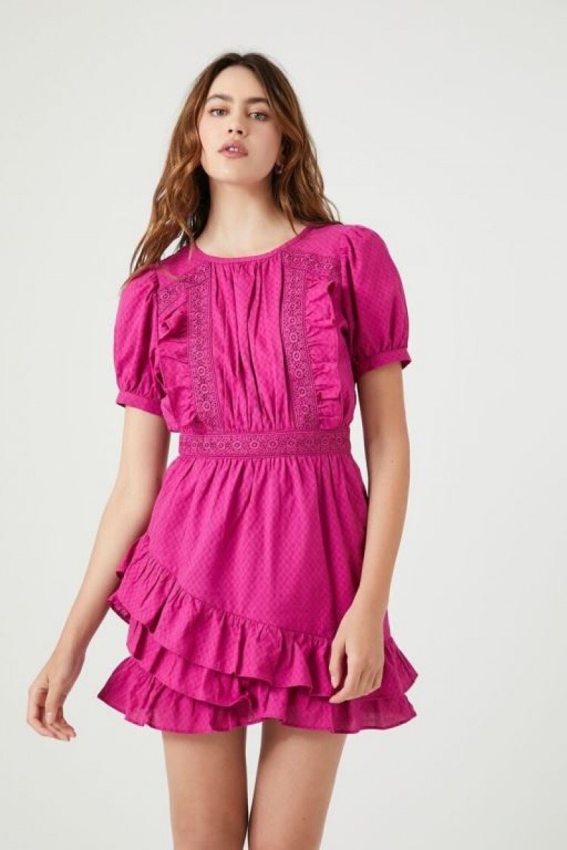 Vestido Forever 21 Crochet Lace Ruffle Mini Mujer Fucsia Moradas | qlnCQ5YXVog