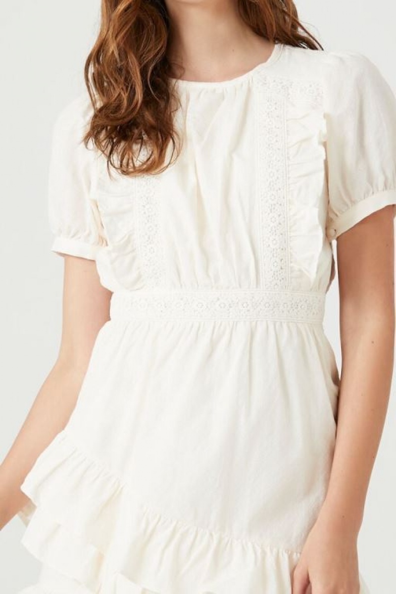 Vestido Forever 21 Crochet Lace Ruffle Mini Mujer Blancas | oRiy3OEhdaM