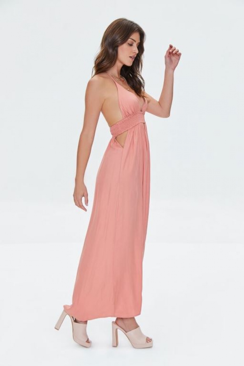 Vestido Forever 21 Cutout Plunging Halter Maxi Mujer Rosas | Je6bezrqF98