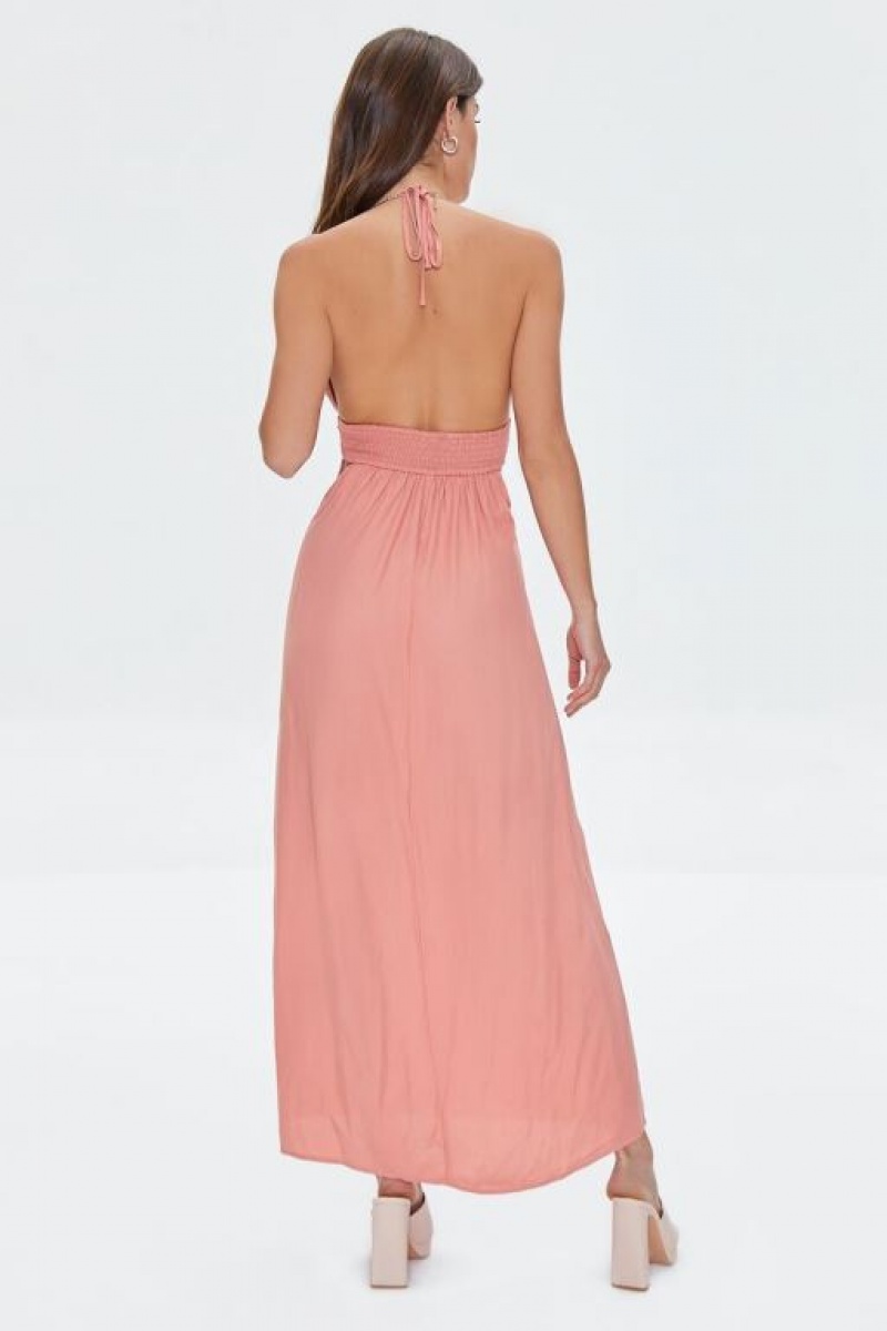 Vestido Forever 21 Cutout Plunging Halter Maxi Mujer Rosas | Je6bezrqF98