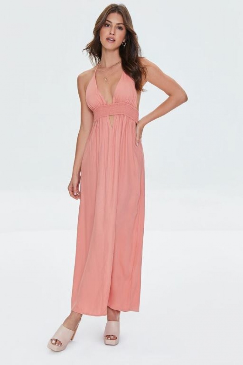 Vestido Forever 21 Cutout Plunging Halter Maxi Mujer Rosas | Je6bezrqF98