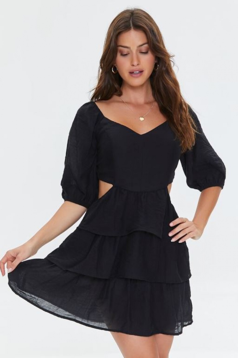 Vestido Forever 21 Cutout Tiered Ruffled Mini Mujer Negras | IOaKjsJxMHg