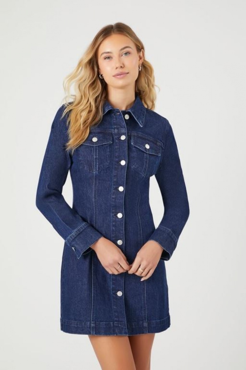 Vestido Forever 21 Denim Long Sleeve Mujer Azules Oscuro | nlcmO7t7QQL