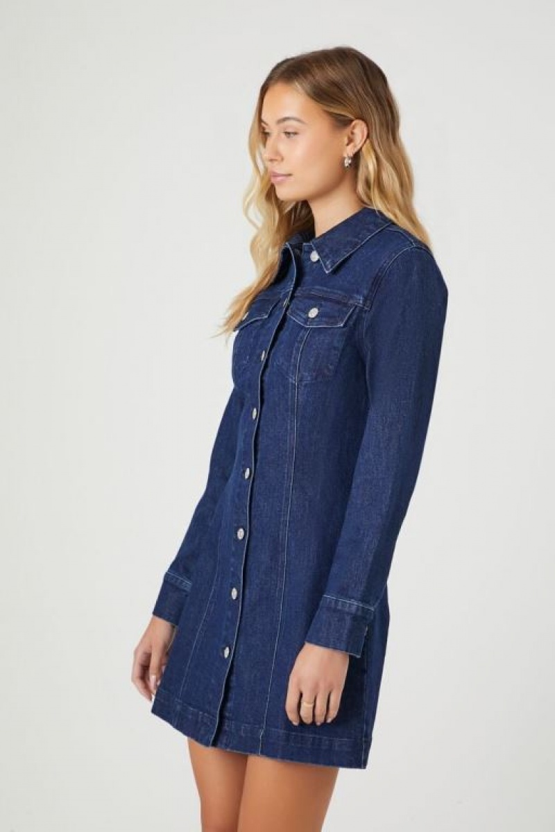 Vestido Forever 21 Denim Long Sleeve Mujer Azules Oscuro | nlcmO7t7QQL