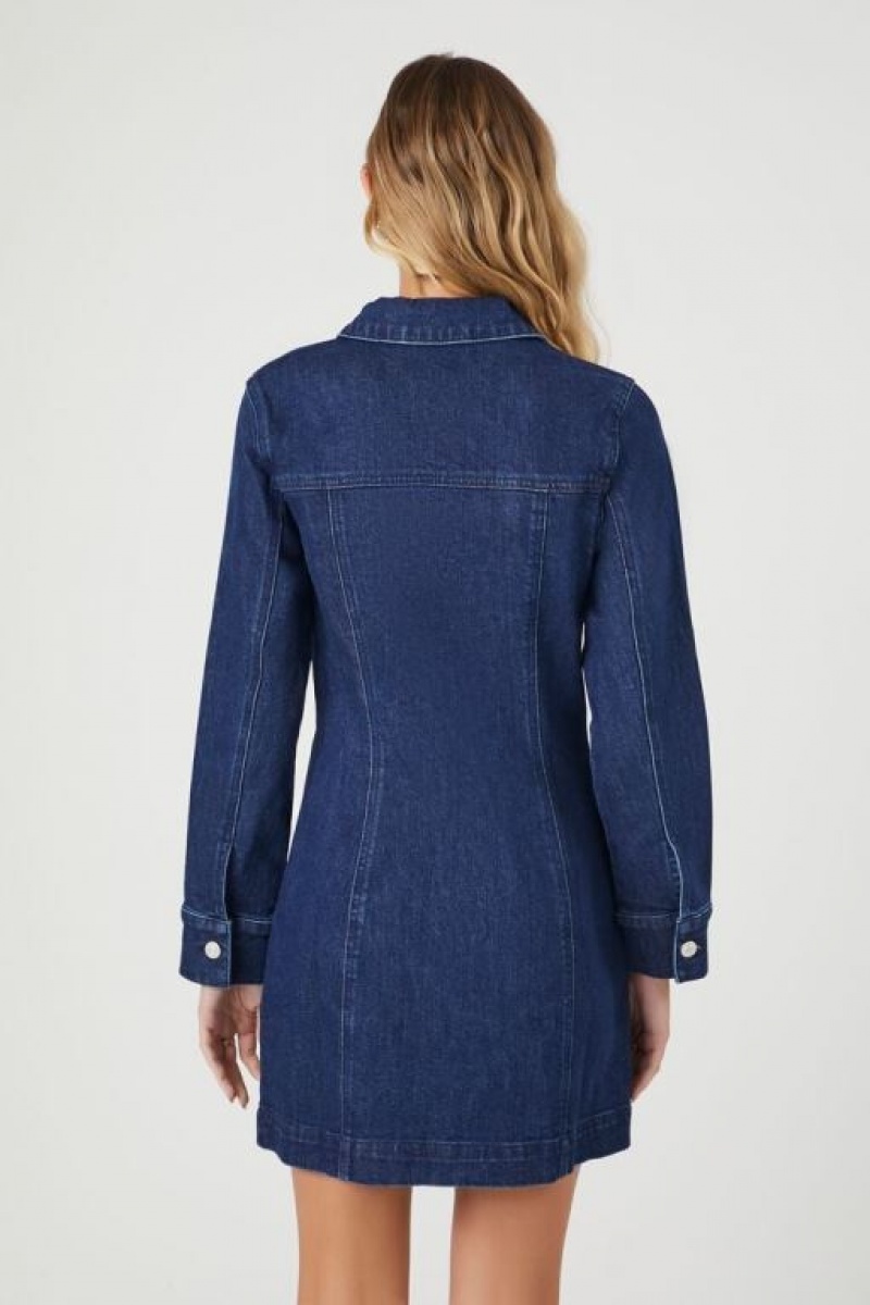 Vestido Forever 21 Denim Long Sleeve Mujer Azules Oscuro | nlcmO7t7QQL