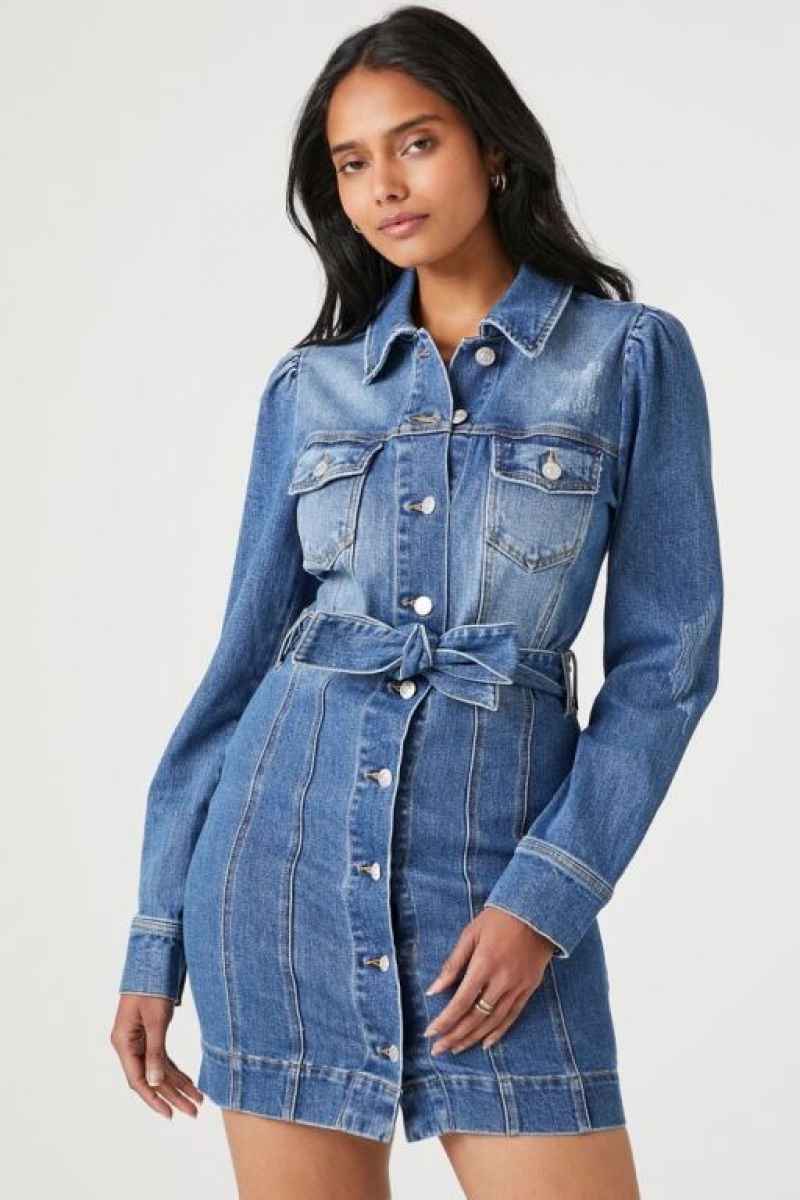 Vestido Forever 21 Denim Mini Mujer Azules | OVQ9gg8lC4N