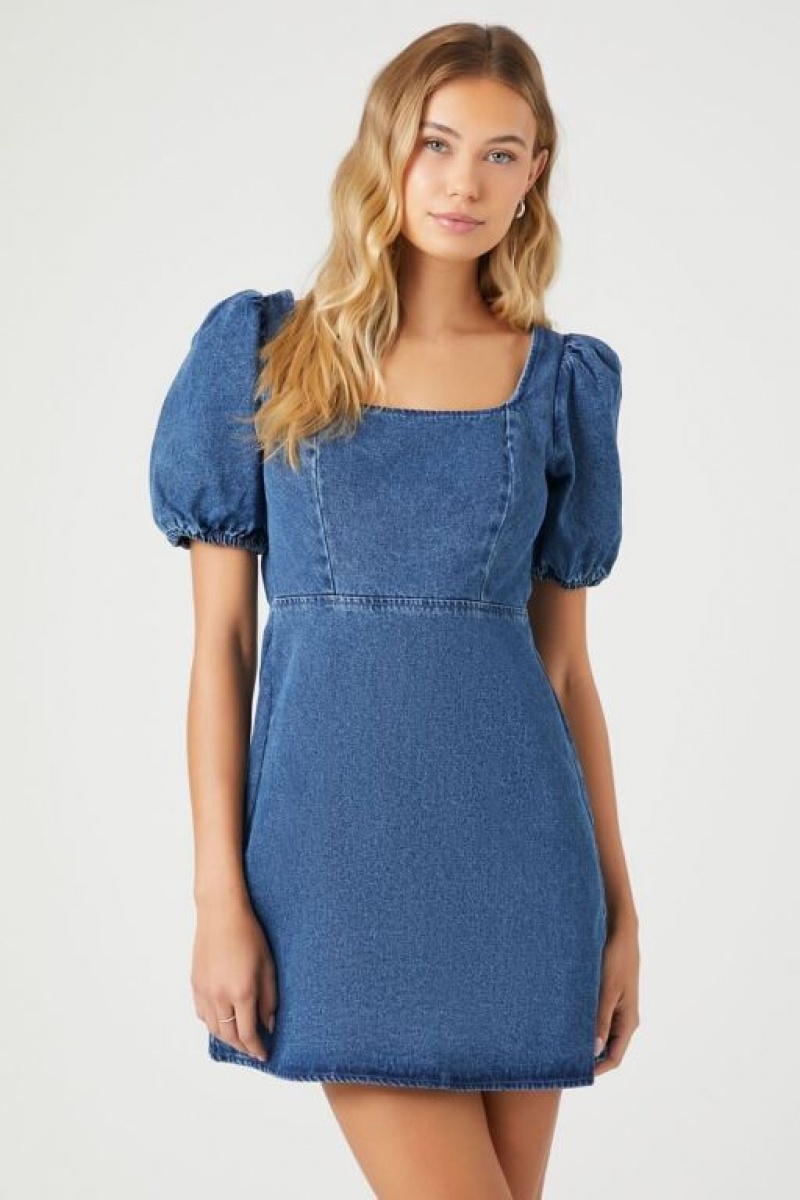 Vestido Forever 21 Denim Puff Sleeve Mini Mujer Azules Oscuro | 9tXrIDMYfyR