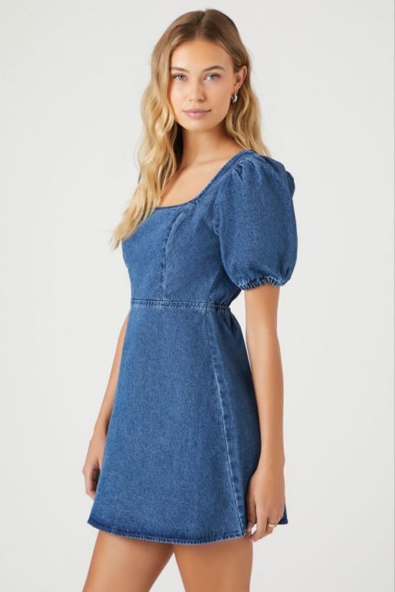 Vestido Forever 21 Denim Puff Sleeve Mini Mujer Azules Oscuro | 9tXrIDMYfyR