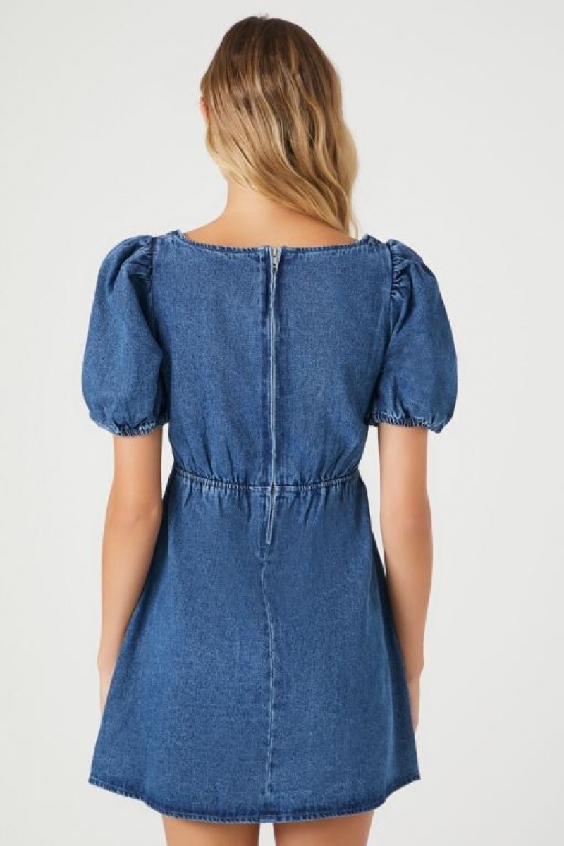 Vestido Forever 21 Denim Puff Sleeve Mini Mujer Azules Oscuro | 9tXrIDMYfyR