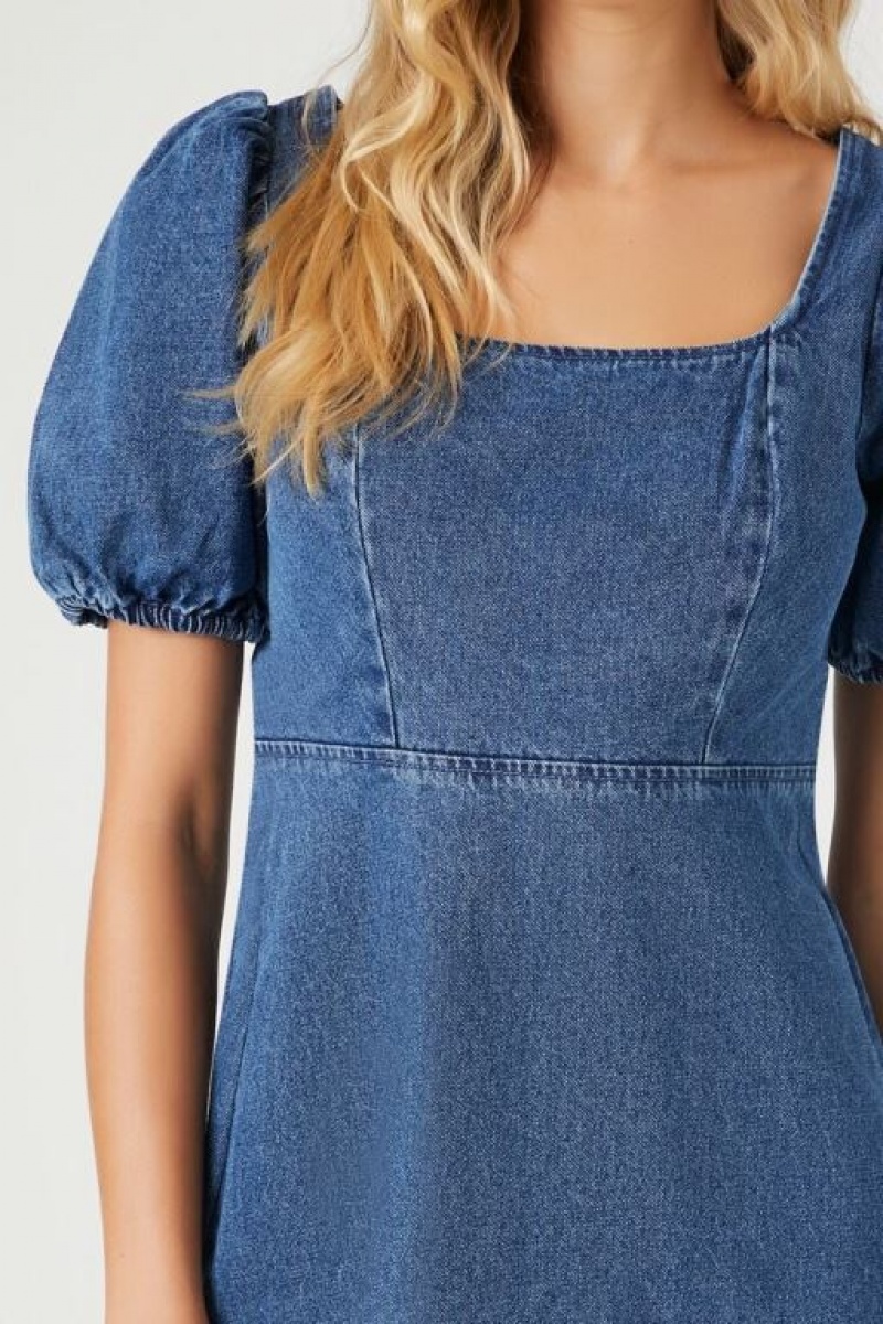 Vestido Forever 21 Denim Puff Sleeve Mini Mujer Azules Oscuro | 9tXrIDMYfyR