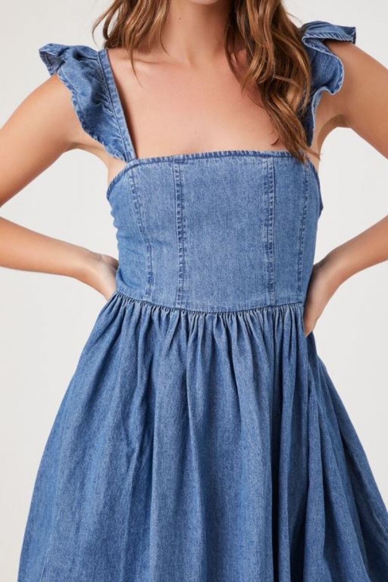 Vestido Forever 21 Denim Ruffle Strap Mini Mujer Azules | cnYOnSsoyUI