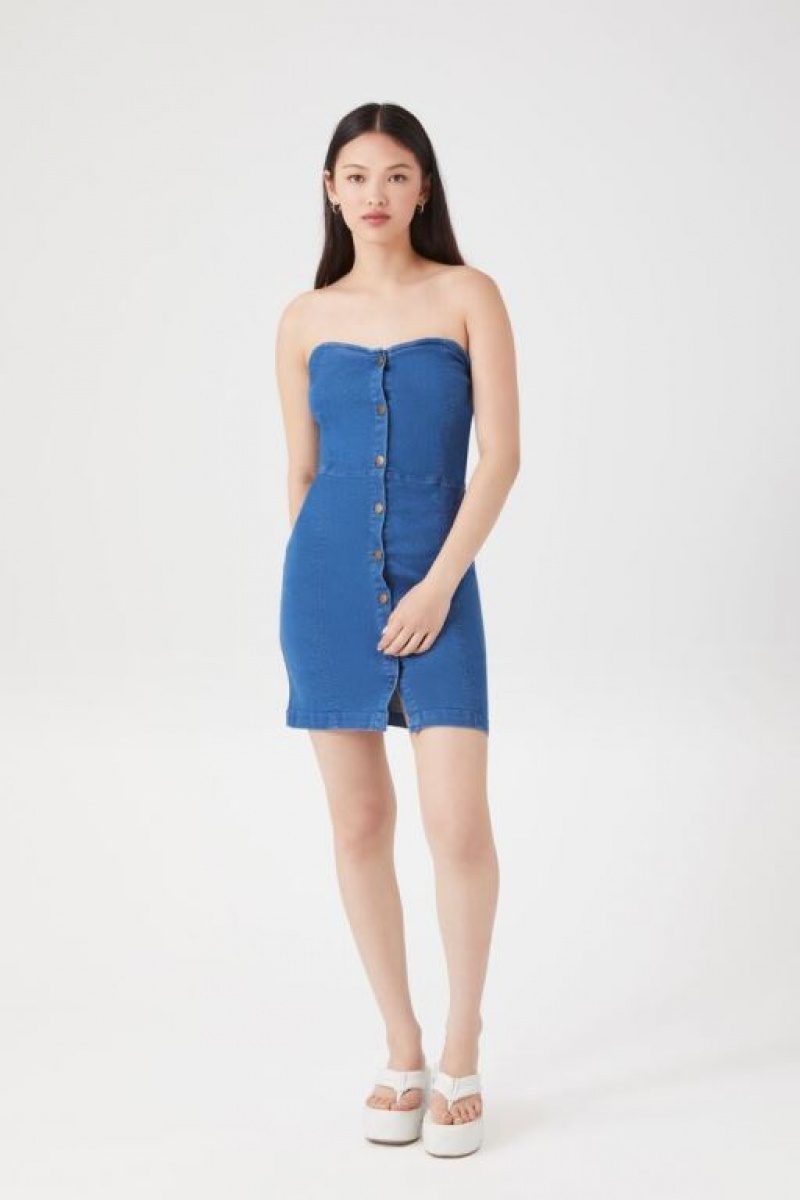 Vestido Forever 21 Denim Tube Mini Mujer Azules Claro | vkUmKzFRAxp