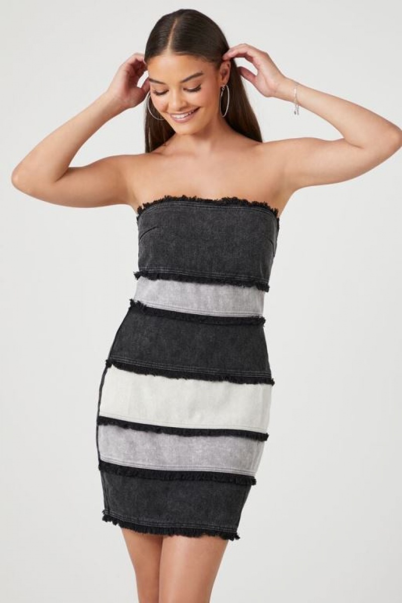 Vestido Forever 21 Distressed Stripe Mini Tube Mujer Negras Blancas | Fa0RbL6Q3SD