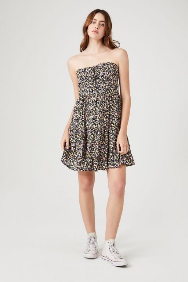 Vestido Forever 21 Ditsy Floral Strapless Mini Mujer Negras Multicolor | Aje541L1aOK