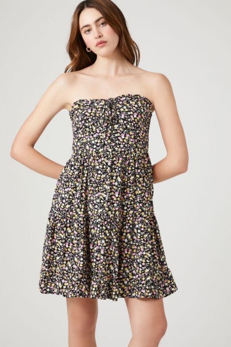 Vestido Forever 21 Ditsy Floral Strapless Mini Mujer Negras Multicolor | Aje541L1aOK