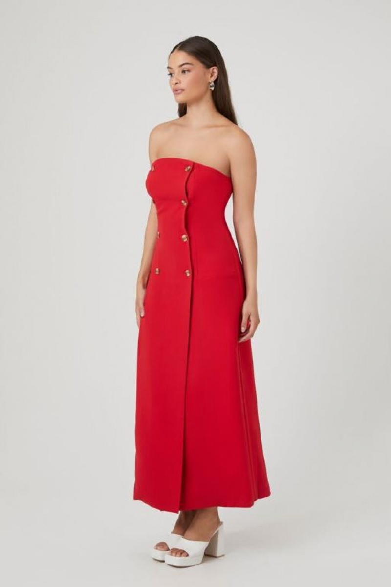 Vestido Forever 21 Double Breasted Strapless Maxi Mujer Rojas | MjpcdWkdJM9