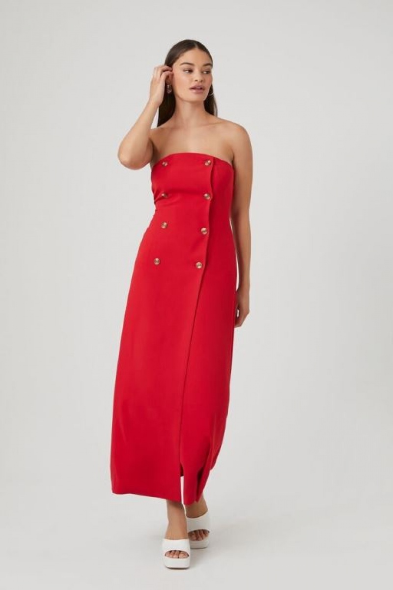 Vestido Forever 21 Double Breasted Strapless Maxi Mujer Rojas | MjpcdWkdJM9