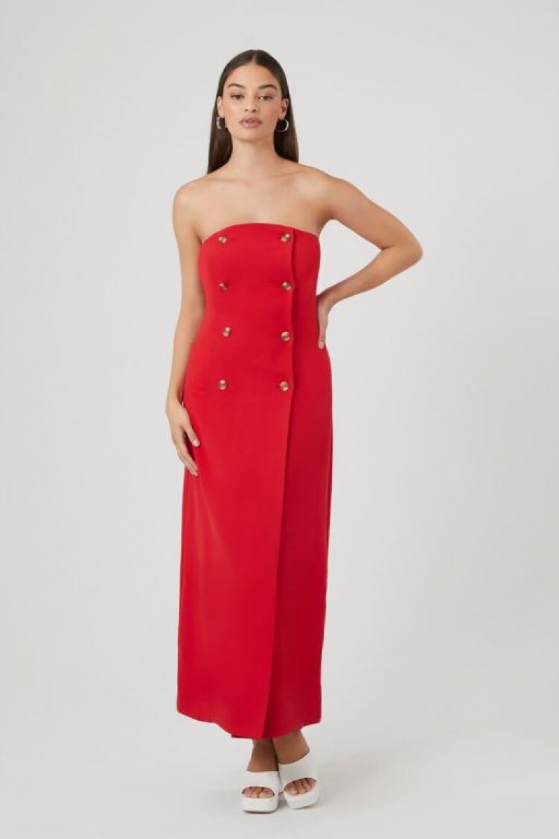 Vestido Forever 21 Double Breasted Strapless Maxi Mujer Rojas | MjpcdWkdJM9