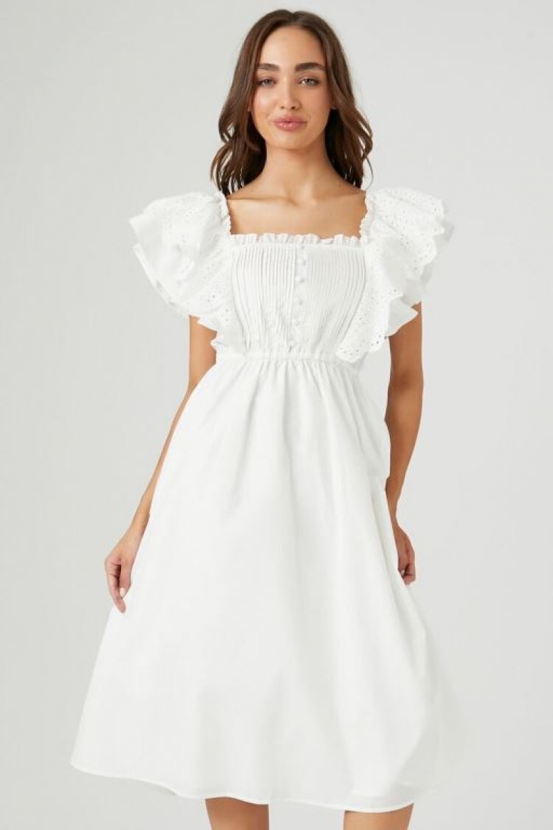 Vestido Forever 21 Eyelet Butterfly Sleeve Midi Mujer Blancas | pCPu1UCsri3