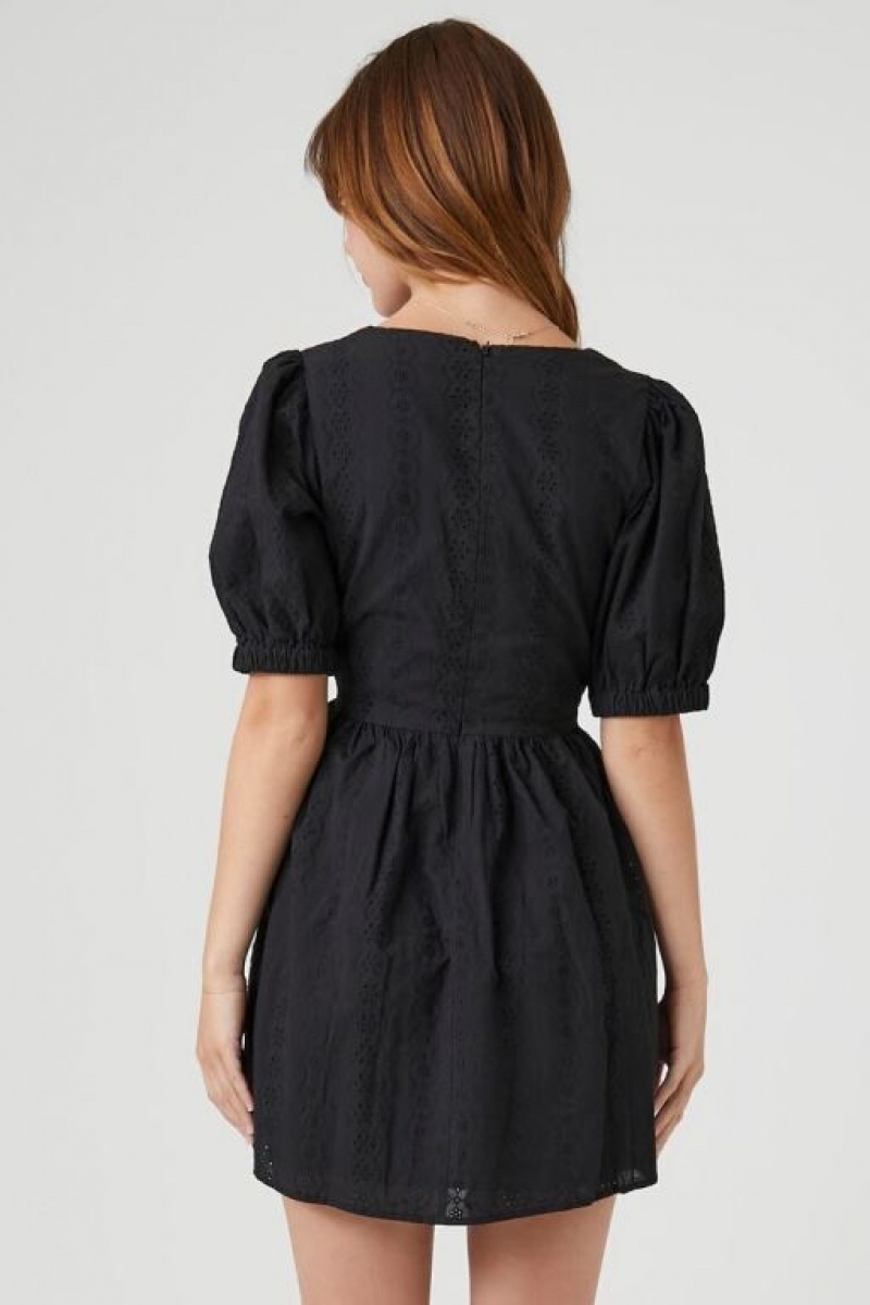 Vestido Forever 21 Eyelet Puff Sleeve Mini Mujer Negras | 9Oy0JlH8Sfl