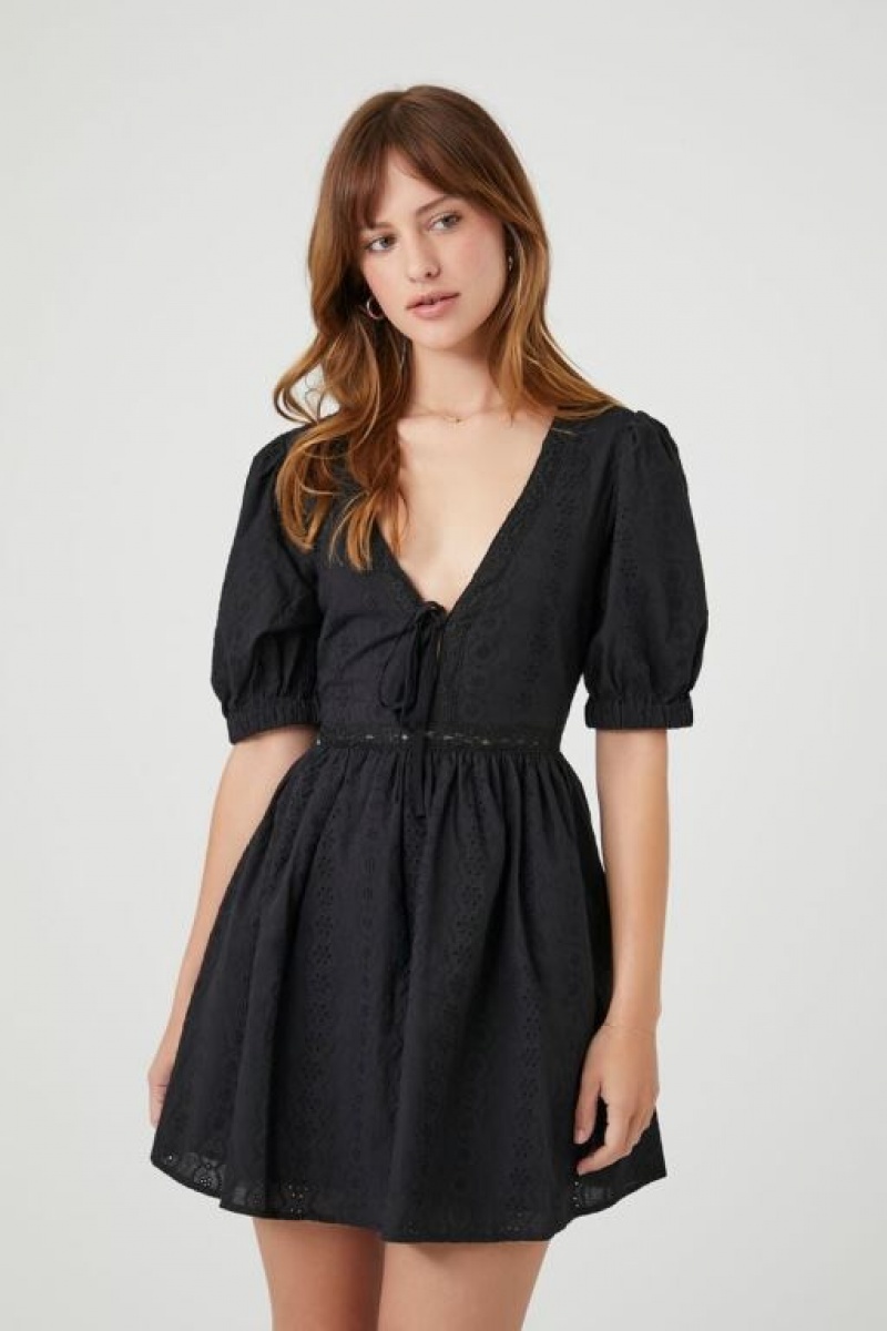 Vestido Forever 21 Eyelet Puff Sleeve Mini Mujer Negras | 9Oy0JlH8Sfl